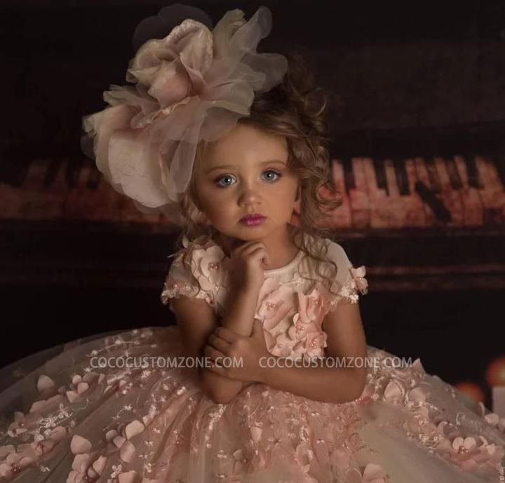 Jewelry Open Back With Manual Flower Girl Dress With Short Sleeves | Stereo Flower Girl Beauty Dress Lace