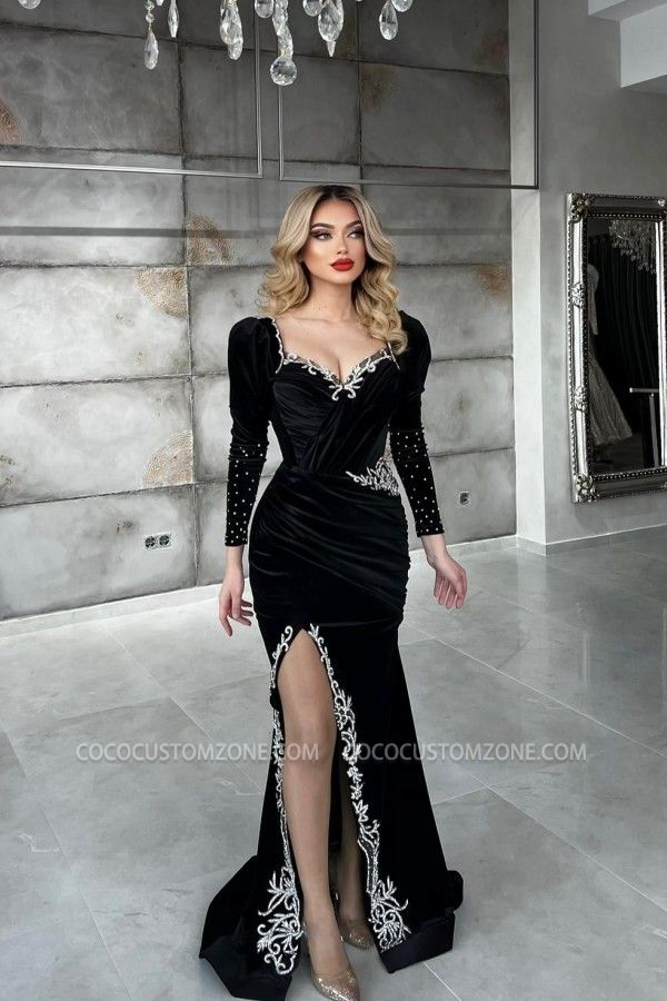 Black Long Sleeve Velvet Mermaid Ball Gown | Side Slit Evening Gown