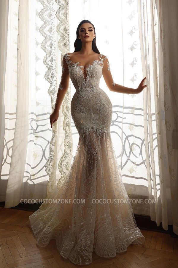 Luxury Lace Long Sleeve Mermaid Wedding Dress | V-Neck Sleeve Wedding Dress