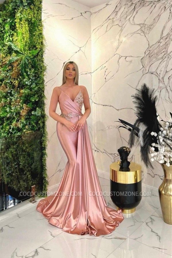 Sexy Long Pink Flour Bind V-neck Mermaid Gown | Sequins Ball Gown