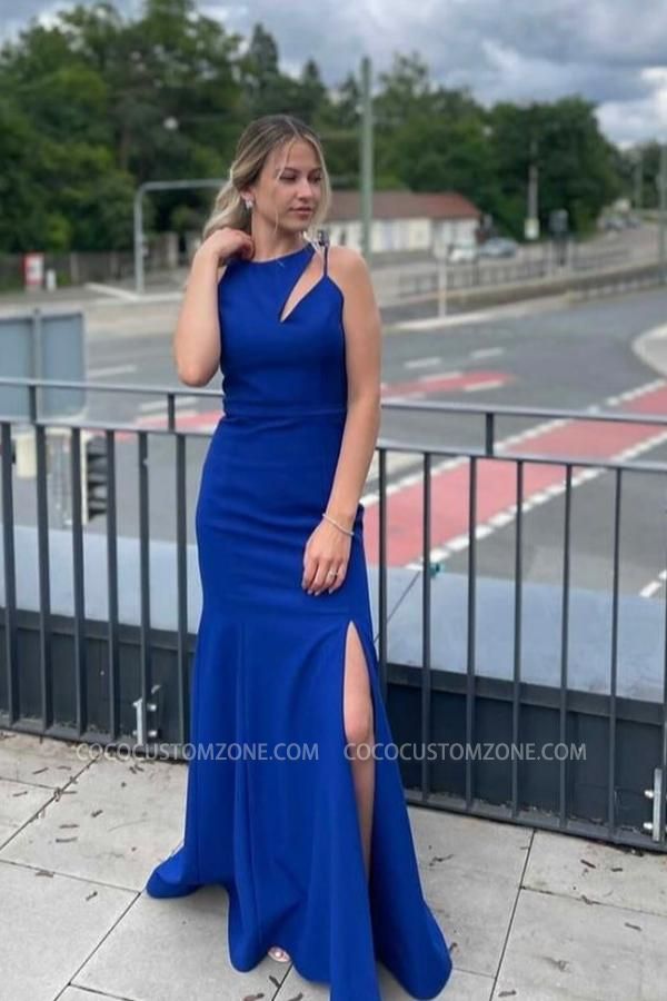 Large Side Slit High Neck Sleeveless Blue Floor Length Evening Gown | Prom Dress Long Cheap