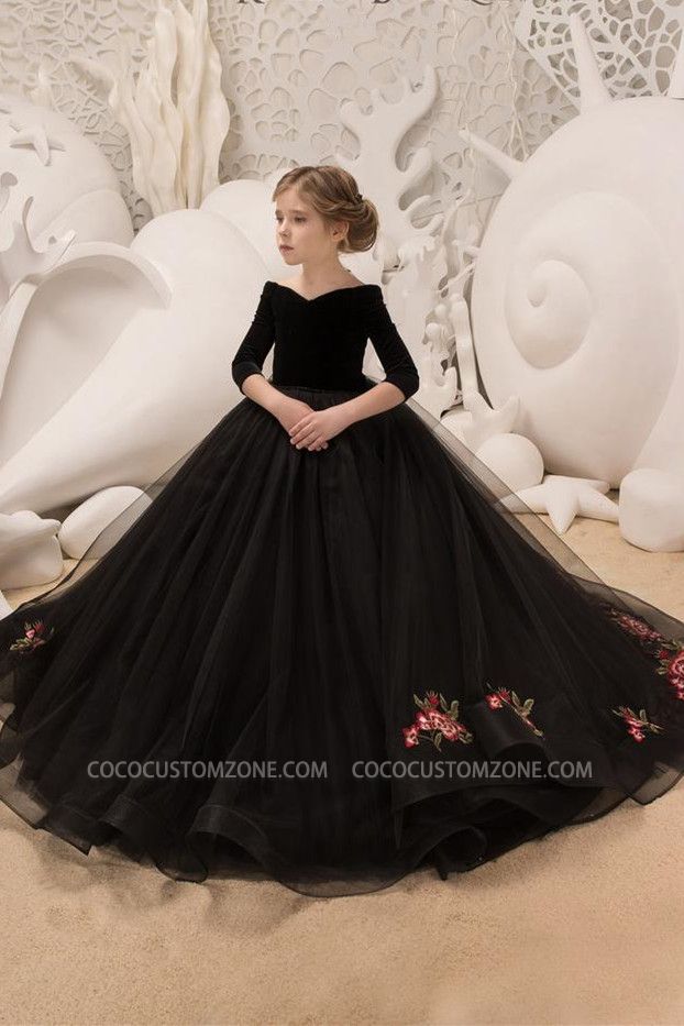 Off-the-shoulder Velvet Organza Floor-length Flower Girl's Embroidered Flower Dress