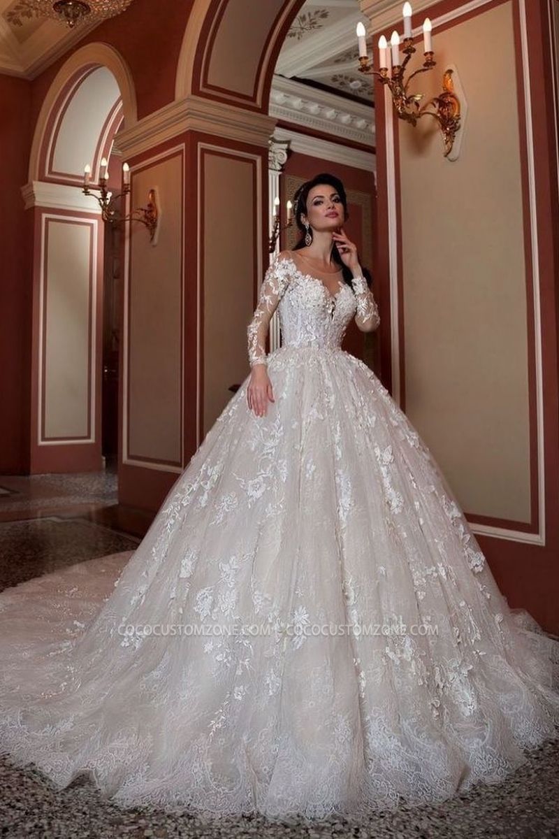 Luxurious Sweetheart Neck Long Sleeve Lace | Appliquéd A-Line Wedding Dress