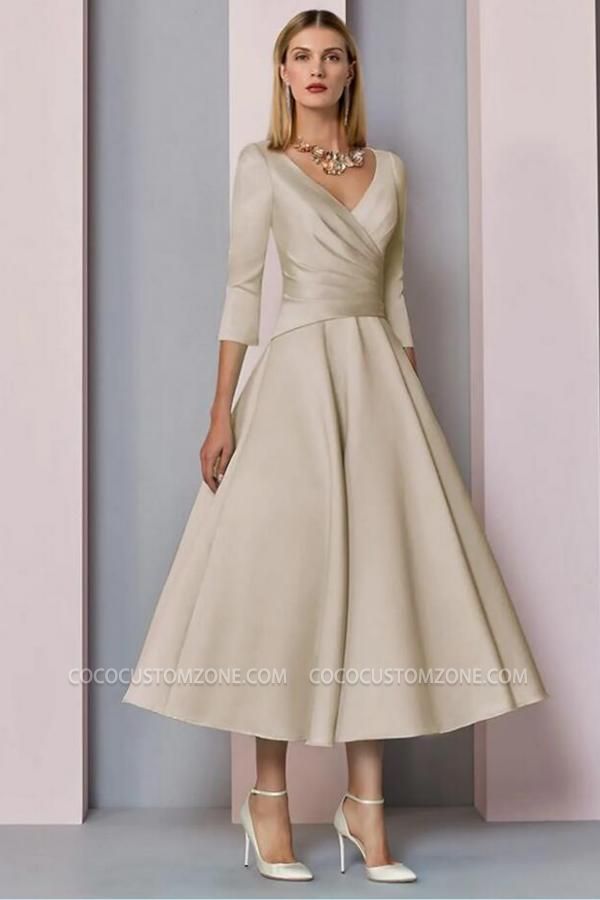 Satin Pleated Tea-Length V-Neck 3/4 Sleeves MotherDress