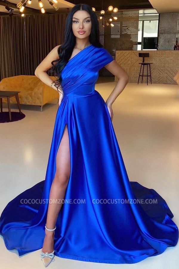 Royal Blue One Shoulder Pleated Long Ball Gown | Simple A-Line Evening Gown