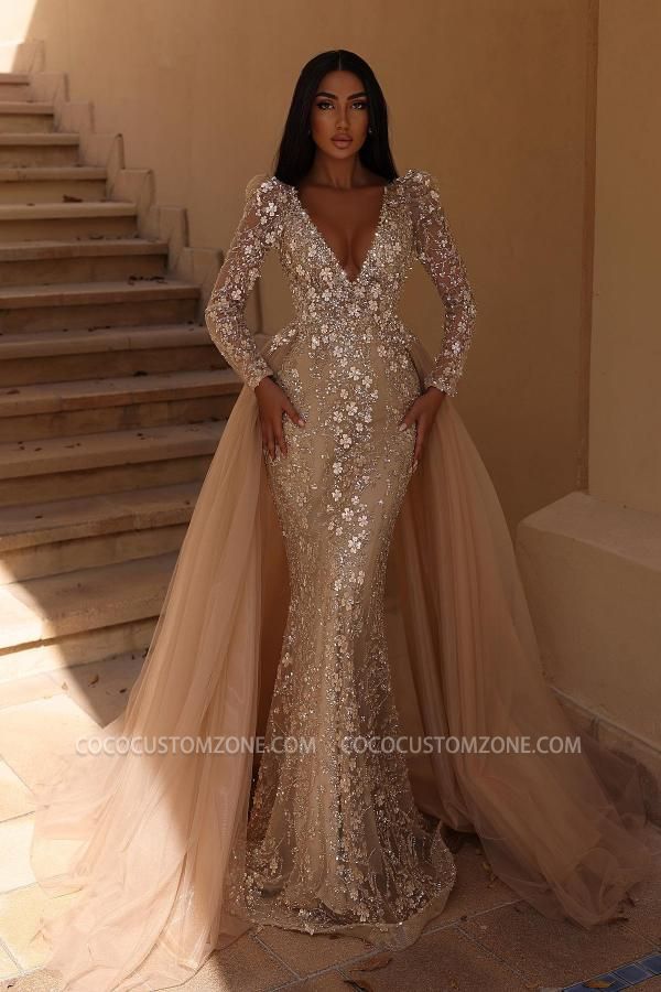 A-Line Champagne Long Sleeves Lace Wedding Dress | Glitter Wedding Dress with Sleeves