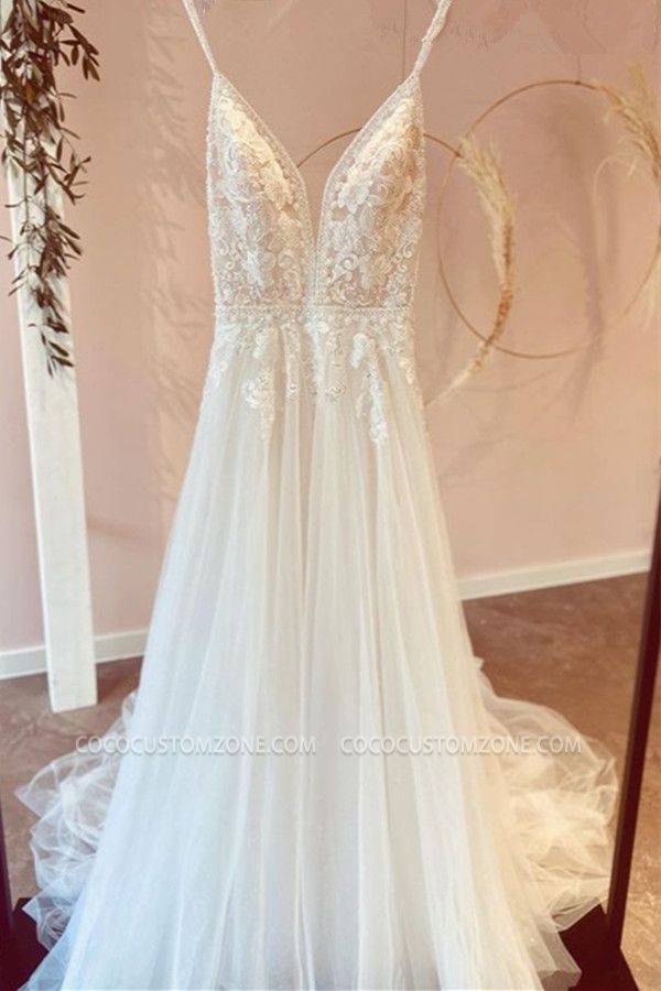 Elegant Tulle Lace Wedding Dress | Aline Long Bridal Gown with Sleeves