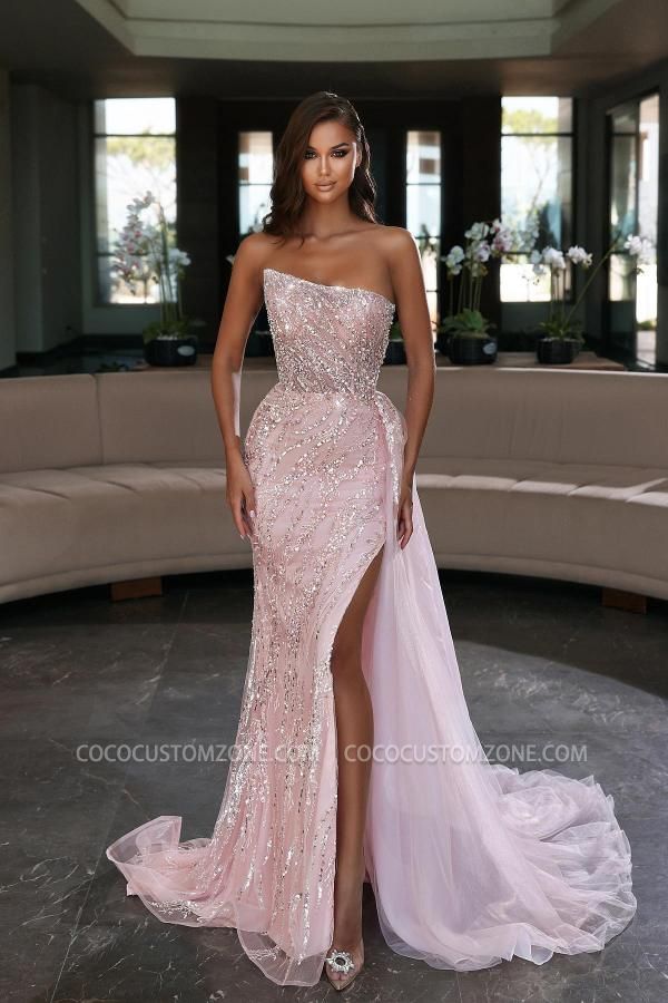 Pink sequin Side Slit Evening gown Strapless tulle ball dress