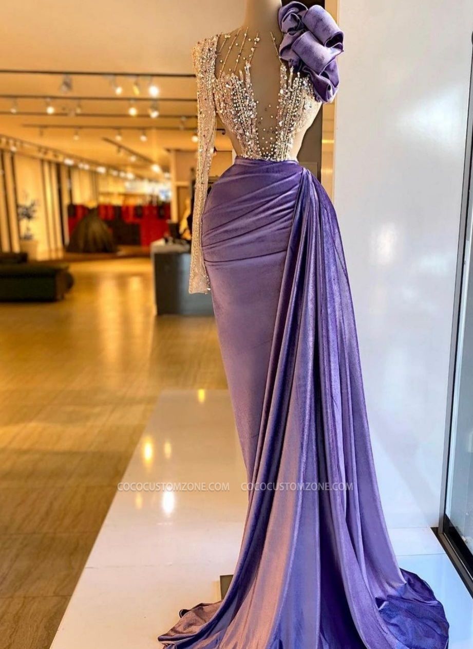 Chic Purple Beaded Off-Sleeve Round Neck Ball Gown