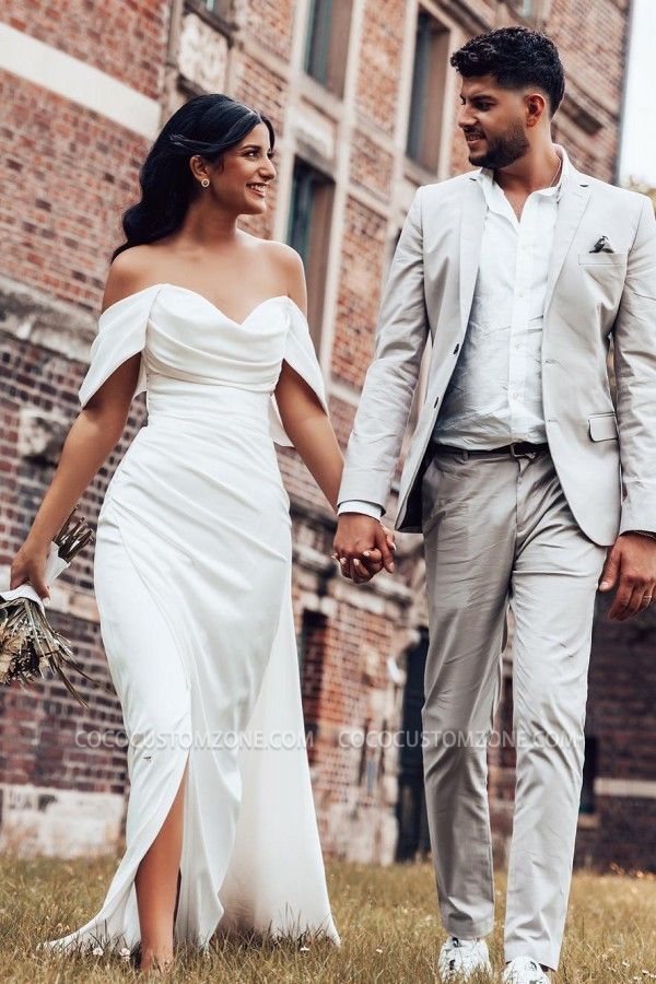 Simple Sweetheart Neck Card Shoulder and Floor Mermaid Wedding Dress with Ruffles