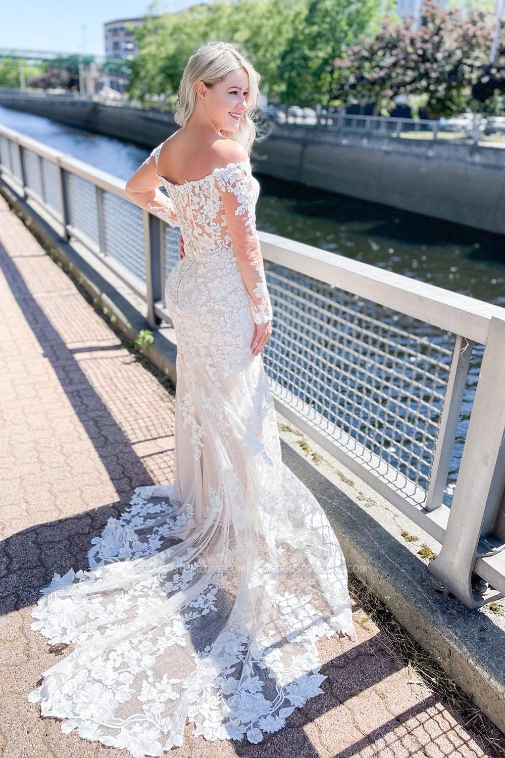 Chic Off Shoulder Heart Neck Sweetheart Lace Long Sleeve Mermaid Wedding Dress
