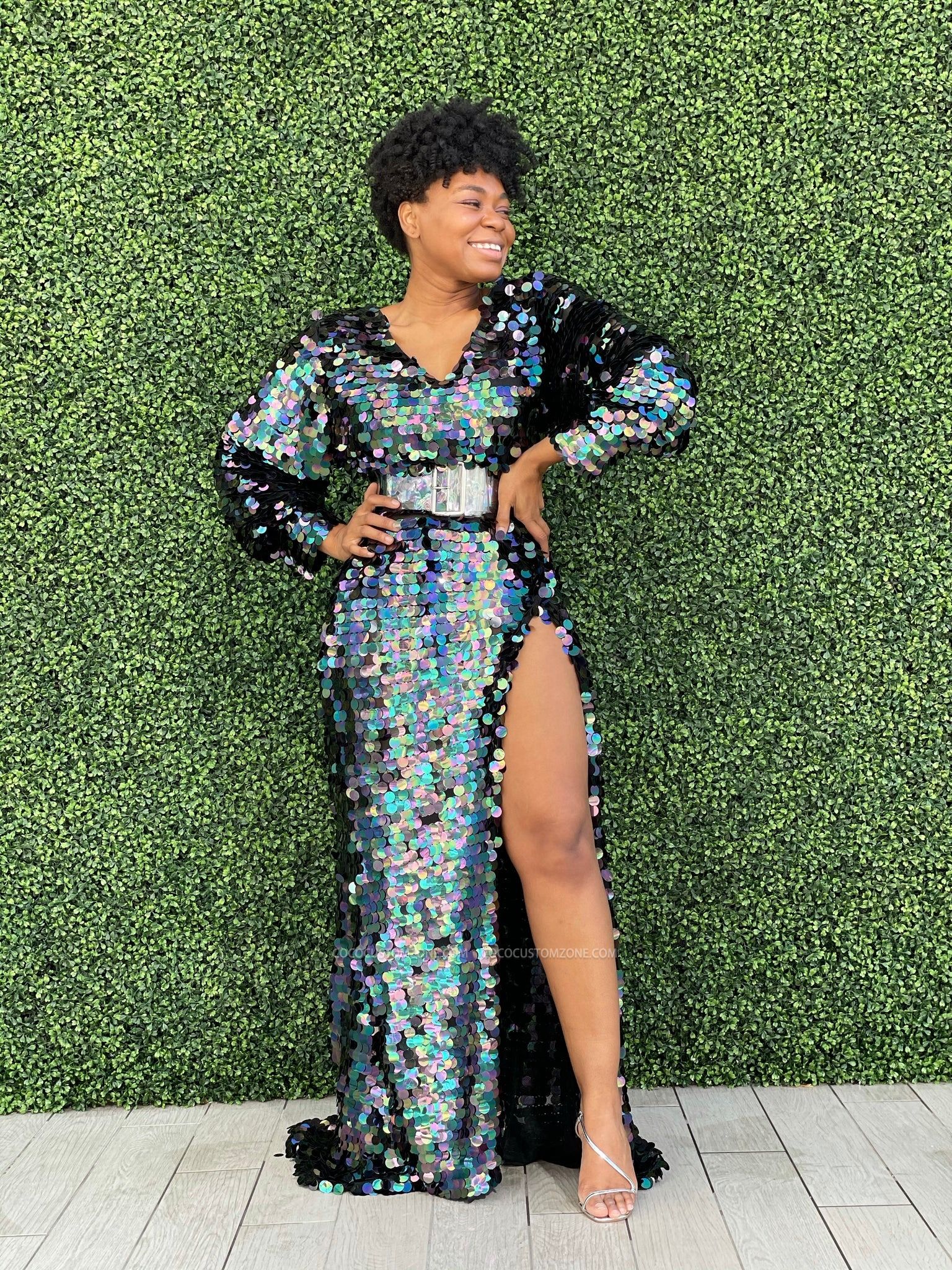 Sexy sequins high split long-sleeved party gown | sparkle ball gown