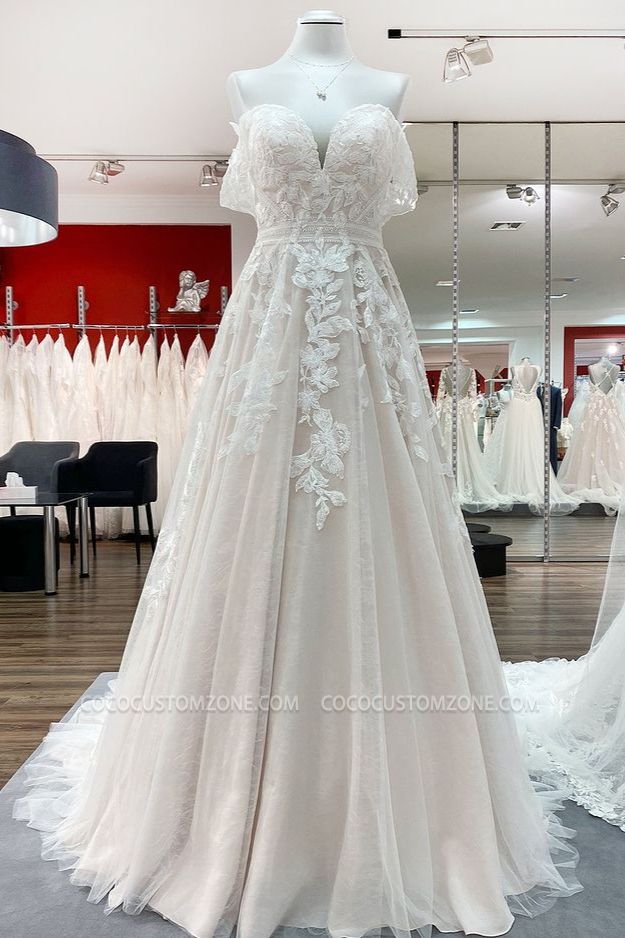 Trendy Off-Shoulder Aline Lace Appliquéd Backless Bridal Gown