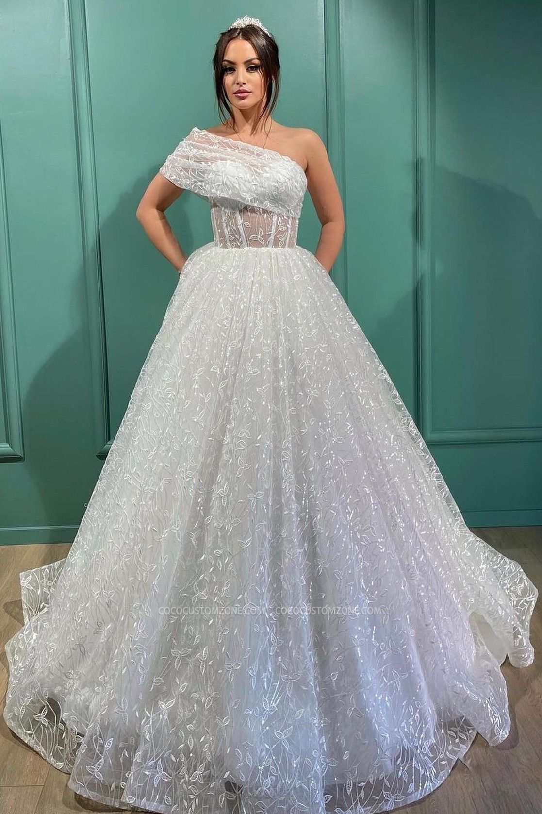 Designer Sparkle One Shoulder Wedding Dresses | Cheap A-Line Wedding Dresses
