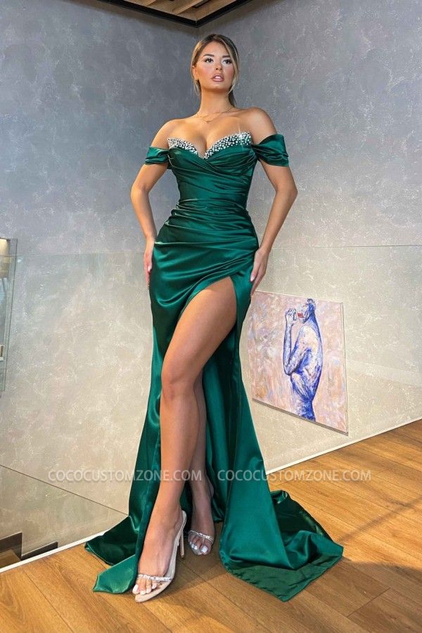 Long Dark Green Sweetheart Neck Satin Evening Gown with Crystals | Side Slit Satin Ball Gown