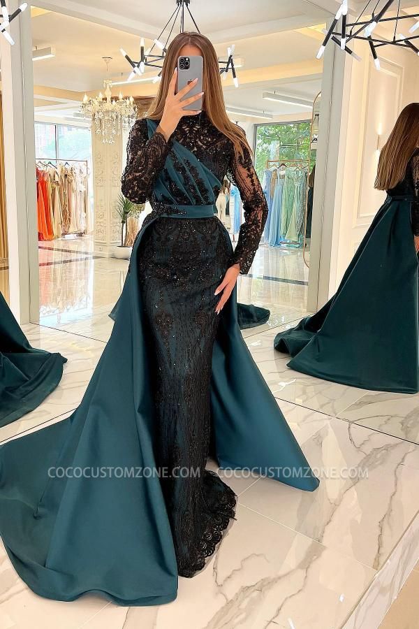 Black Lace Long Sleeve Pleated Evening Gown | Long Sleeve Ball Gown