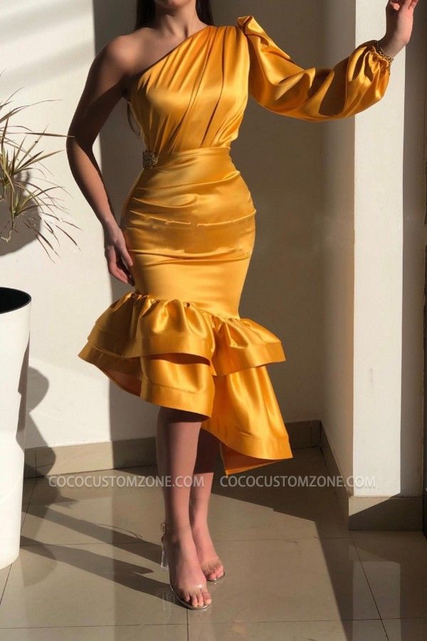 Yellow Gorgeous Tea-Length One-Shoulder Ruffled Evening Dress | Cropped Prom Dress
