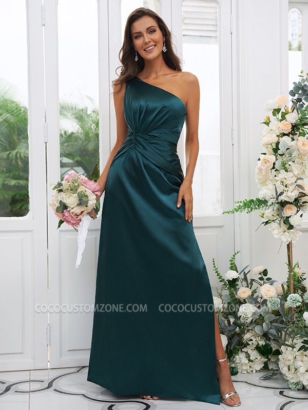 One Shoulder Dark Green Long Bridesmaid Dresses | Simple Bridesmaid Dress