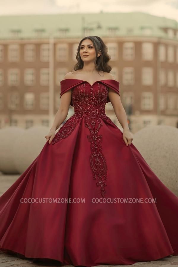 Burgundy Off-shoulder Satin Lace Wedding Dress