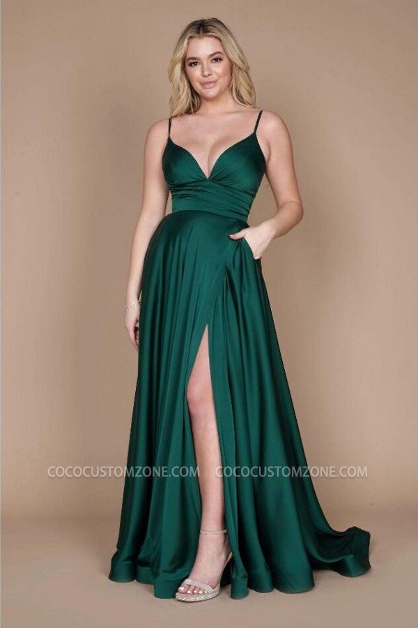 Dark Green, Fine Flour With V-neck Side Split Evening Gown |  Simple A-line Characters Long Prom Dresses
