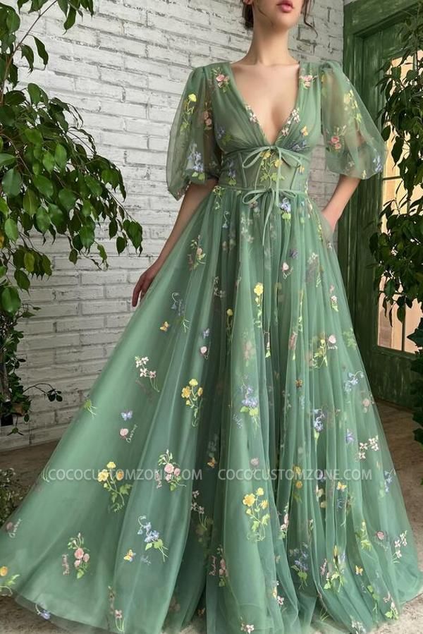 Ankle-Length V-Neck Long Sleeves A-line Evening Dresses
