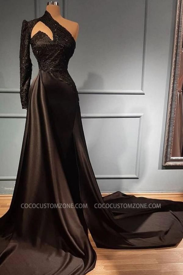 Chic Black One Shoulder One Sleeve Long Evening Gown | Long Sleeve Ball Gown