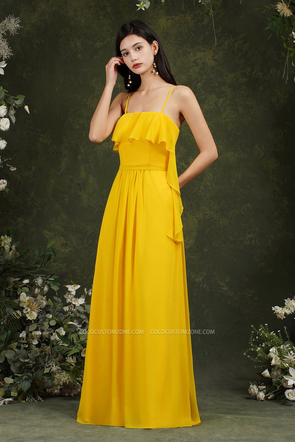 Bridesmaid Dress With Line Neck Chiffon Yellow With Pocket Ruffles