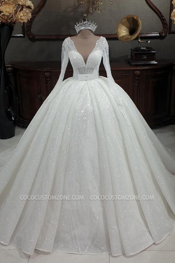 Gorgeous Sequined Gown | V-Neck Long Sleeve Wedding Dress