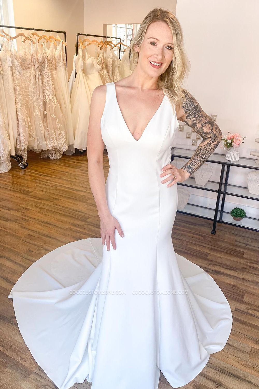 Simple V-neck white wide shoulder straps and ground ruffles mermaid wedding dress with backless back