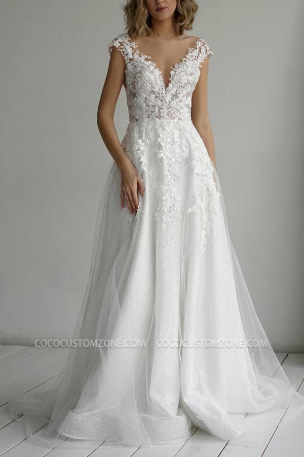 Cheap V-neck A-line Wedding Dress With Lace
