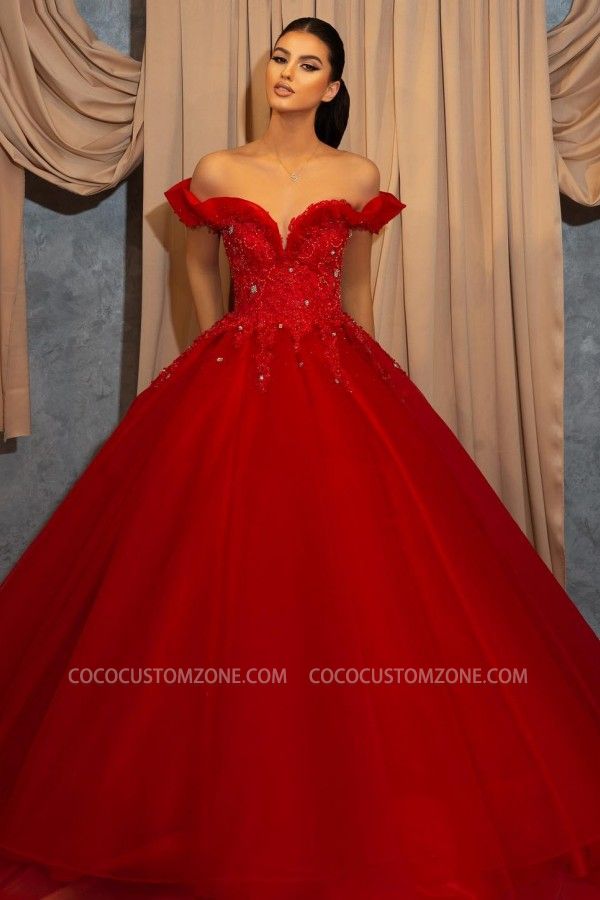 Red cardigan lace sequined evening dress | Long A-line evening dress