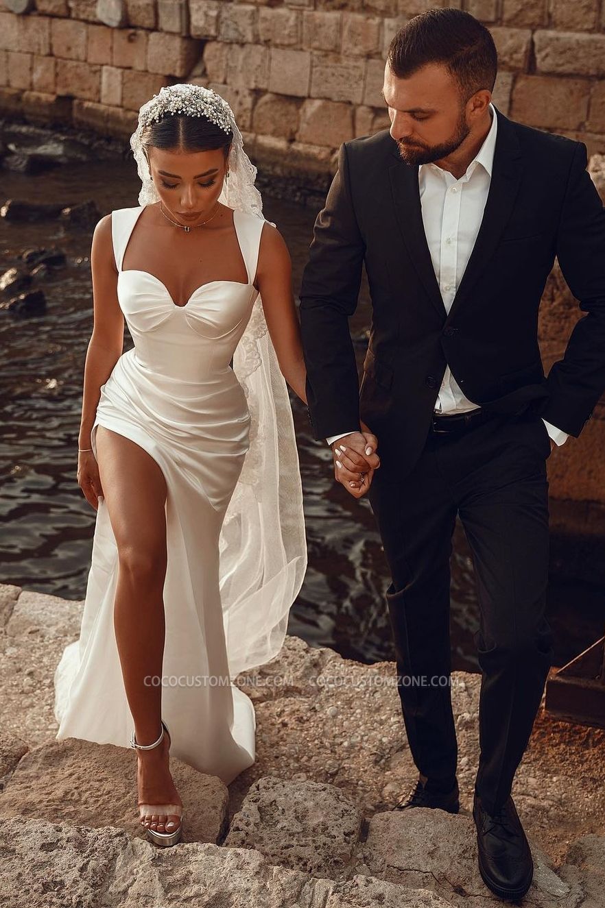 Elegant Wide Strap Sweetheart Front Slit Pleated Ball Gown