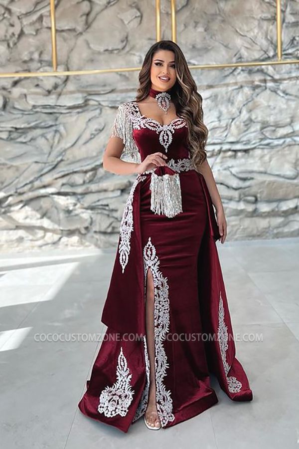 Velvet Burgundy Lace Long Shoulder Strap Tasse l Evening Gown