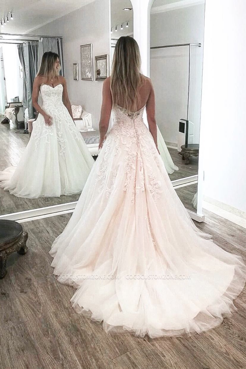 Elegant A-Line Lace and Tulle Floor Mopping Backless Wedding Dress