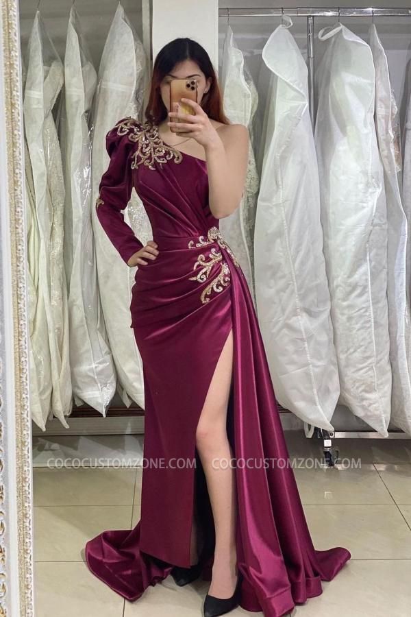 Designer Off-Shoulder Slit Evening Gown | One Sleeve Ball Dress