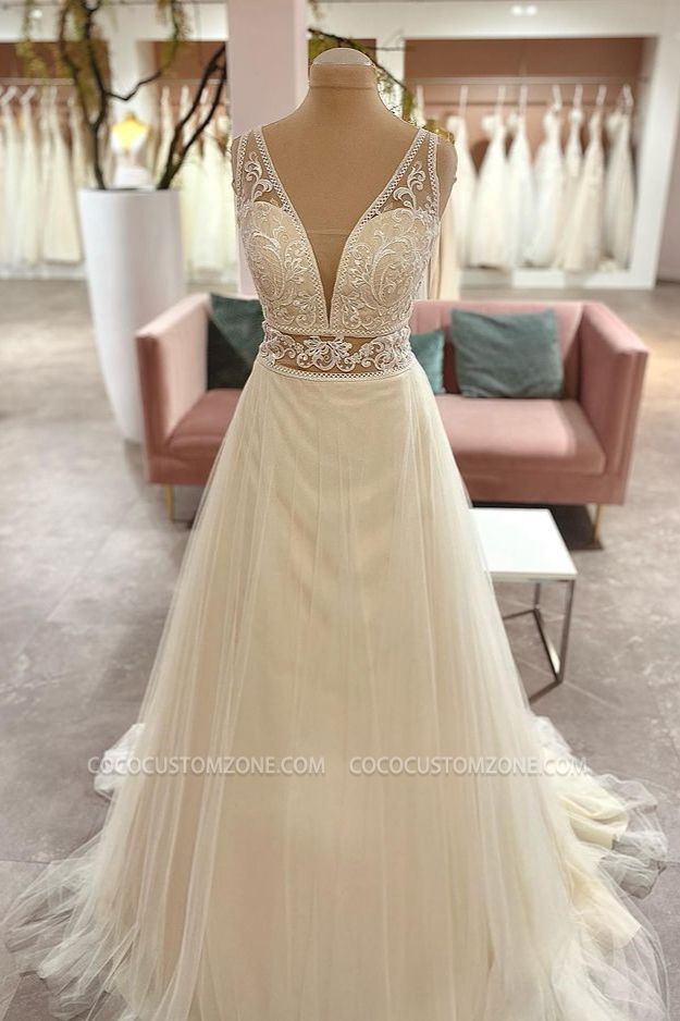 Bohemian style V-neck halter A-line lace and tulle wedding dress