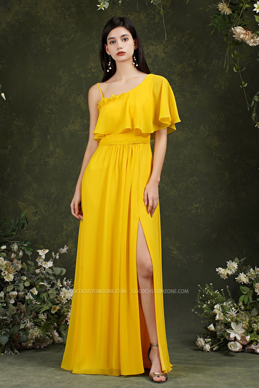 One Shoulder Pleated Front Slit Bridesmaid Dress