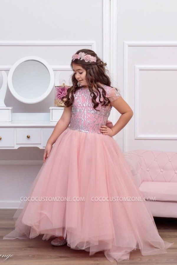 Cute Short Sleeve Pink Princess Little Girl Dress Wedding