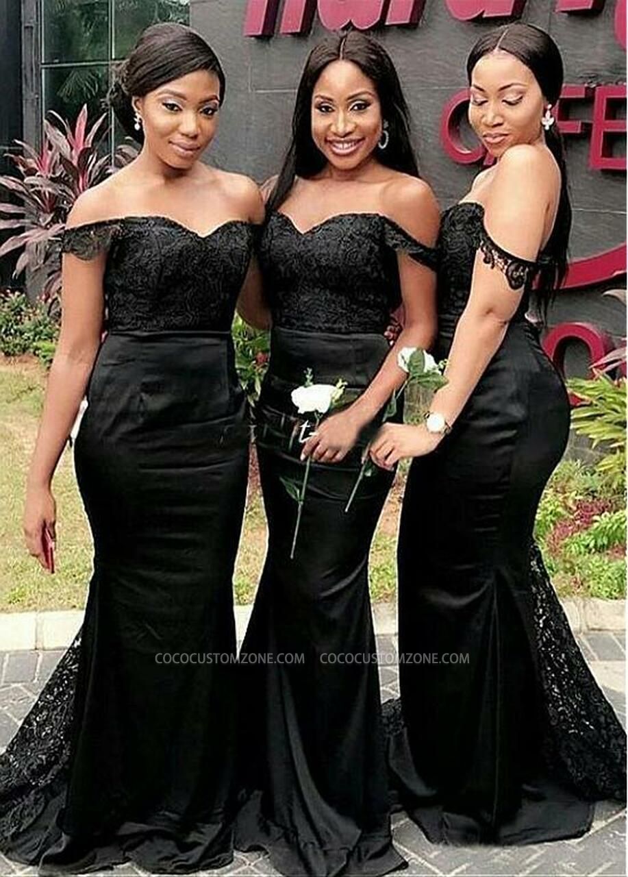 Off-shoulder Satin Black Mermaid Gown With Lace
