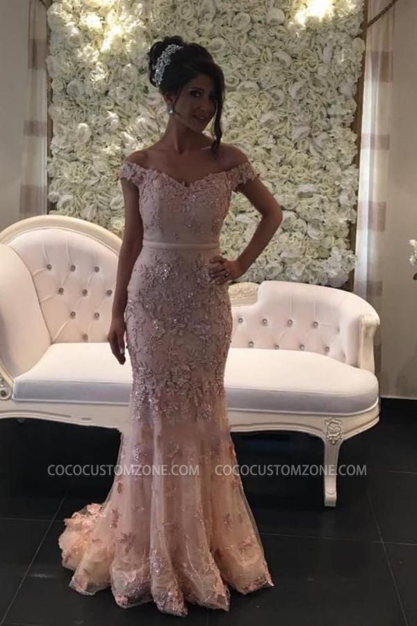 Pink Shoulder and Floor Lace Mermaid Evening Gown | Lace Glitter Ball Dress