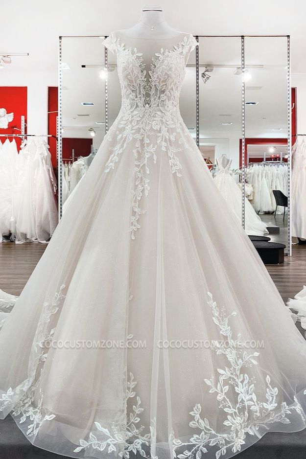 Vintage A-line Lace Jewelry Tulle Long Bridal Gown