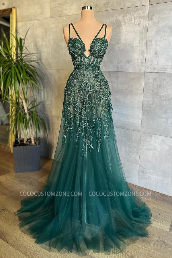 Sexy V-neck Green Lace Prom Dress