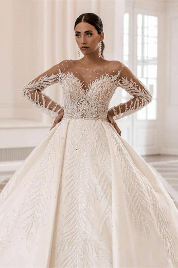 Luxe Round Neck Long Sleeves A-Line Wedding Dress with Beads