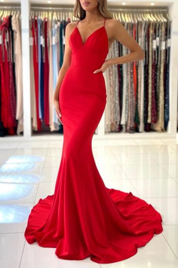 Simple V Neck Red Spaghetti Strap Mermaid Dress | Cheap High Waisted Mermaid Ball Dresses_2