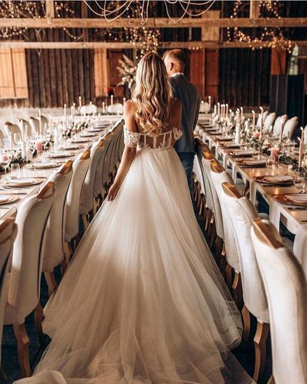 Simple A-line card shoulder lace and tulle wedding dress_3