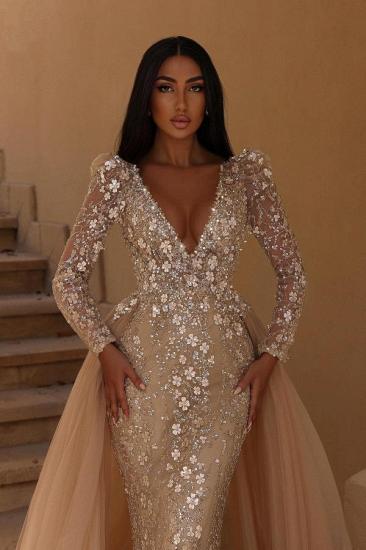 A-Line Champagne Long Sleeves Lace Wedding Dress | Glitter Wedding Dress with Sleeves_2
