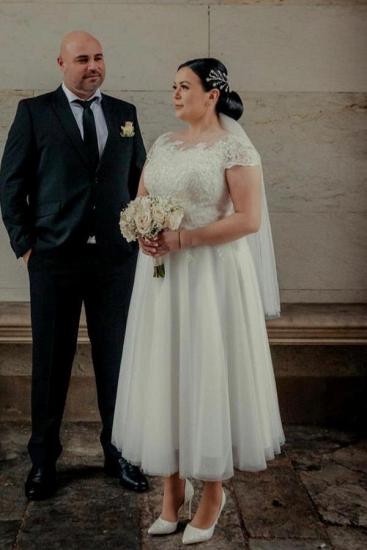 Lace Tea-Length Short Sleeves A-line Wedding dresses | Short Wedding Dress_2