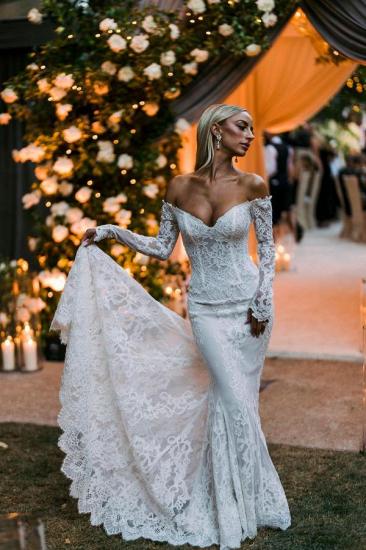 Elegant White Off-Shoulder Mermaid Floral Lace Wedding Dress with Long Sleeves