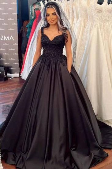 Beautiful black wide shoulder strap A-line mopping wedding dress | princess wedding dress with lace