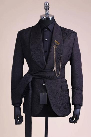 Chic Black Jacquard Shawl Lapel Best Fitted Wedding Groom Suits | Prom Suits with Belt_1